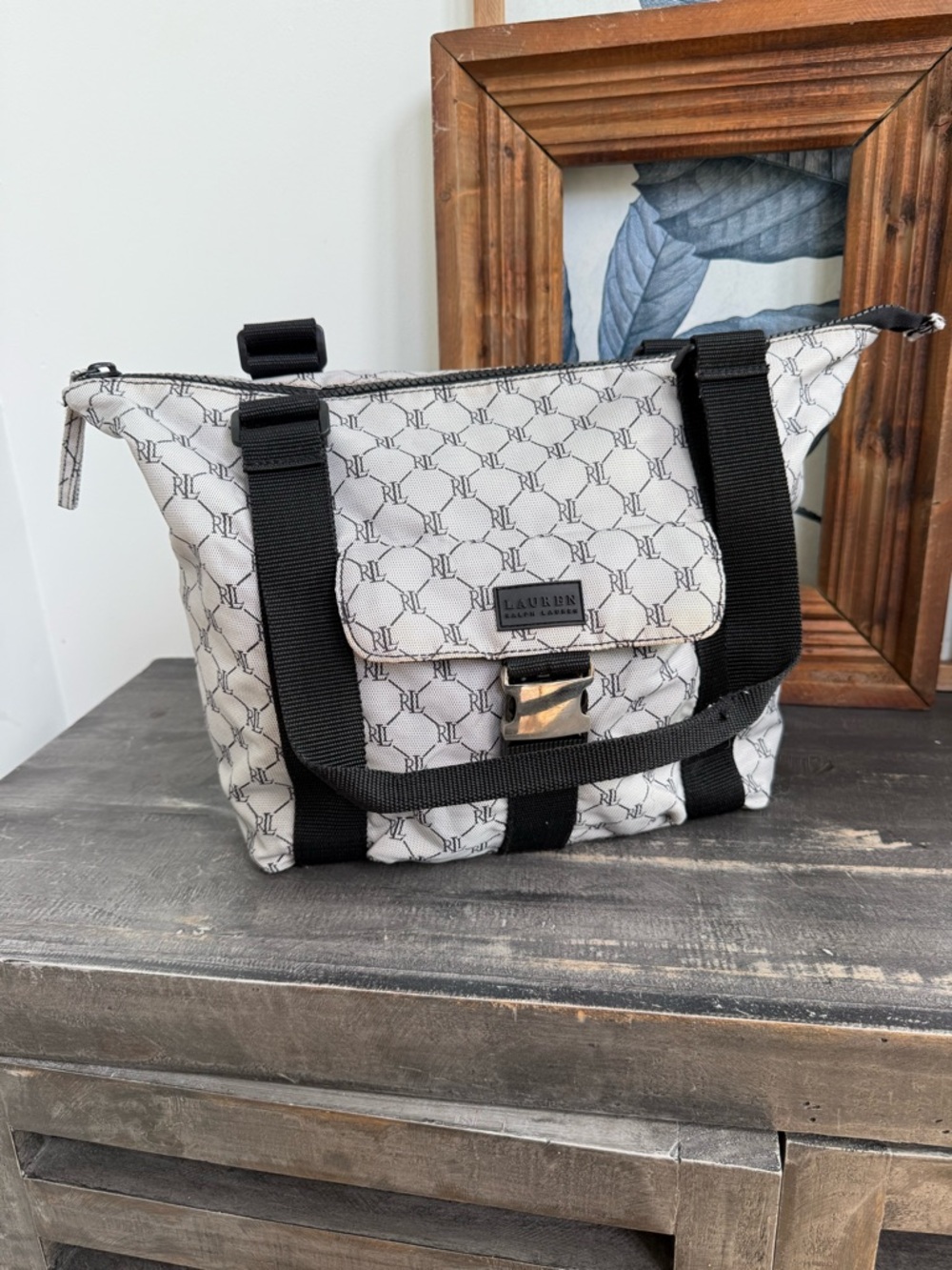 Lauren Ralph Lauren Monogram Tote Bag Gray Black Nylon GUC